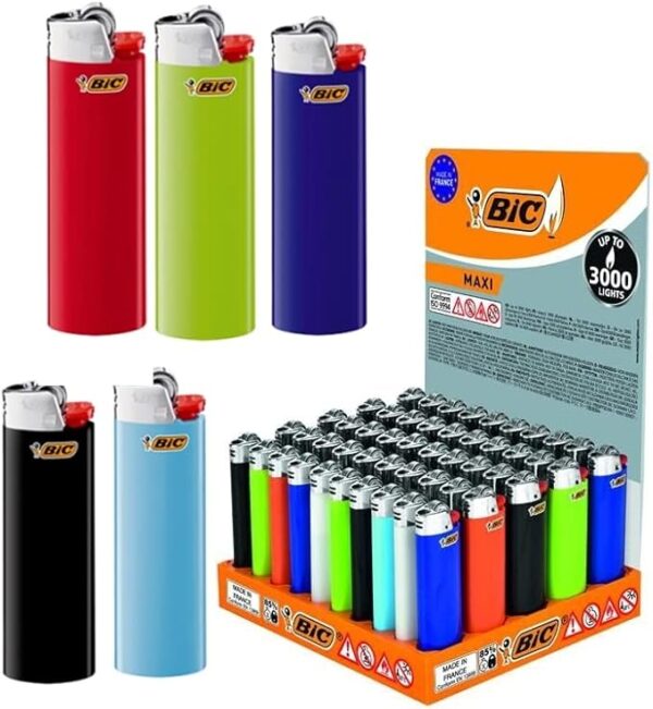 BIC J26 Maxi Lighter Single Colour or Mixed Colours Original Child Lock BIC Stand BIC Stand Including Free Dhobia Aroma Card (Mixed, 5)
