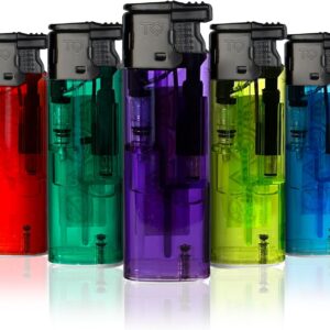 h2i Lighter with Turbo Jet Flame, Pack of 50, Transparent Reusable Lighter in 5 Colours, Robust and Wind-resistant, for Everyday and Outdoor, Windproof Lighter with Child Lock and Refillable