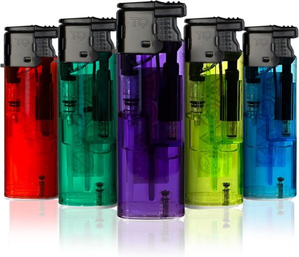 h2i Lighter with Turbo Jet Flame, Pack of 50, Transparent Reusable Lighter in 5 Colours, Robust and Wind-resistant, for Everyday and Outdoor, Windproof Lighter with Child Lock and Refillable